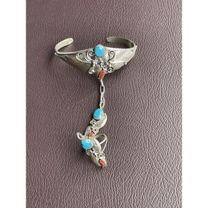 Vintage Navajo NN Sterling Turquoise Coral‎ Hand Bracelet Ring Set